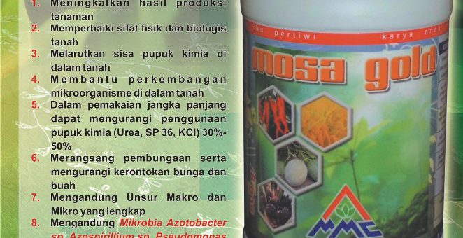MOSA GOLD merupakan hasil ekstraksi murni dari bahan-bahan organik yang diproses melalui proses Tegnologi Deposiasi. MOSA GOLD merupakan produk pupuk organik padat yang mudah dalam mengaplikasikannya untuk pertanian, mudah larut dalam air, mudah diserap oleh tanaman, meningkatkan kesuburan tanah. MOSA GOLD juga mampu melarutkan dan mempermudah nutrisi yang telah terjerab/terikat ditanah yang sebelumnya sulit bahkan tidak tersedia untuk tanaman menjadi mudah dan bisa diserap dan dimanfaatkan oleh tanaman. Selain berisi nutrisi yang dibutuhkan oleh tanaman juga mengandung mikrobia pendukung yang dibutuhkan dan berguna dalam dunia pertanian